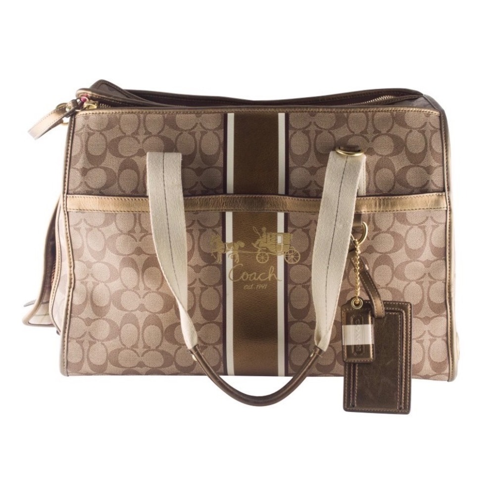 Flawed Gem! Coach Signature Heritage Stripe Pet Carrier Khaki Gold Metallic Bag - Picture 3 of 8